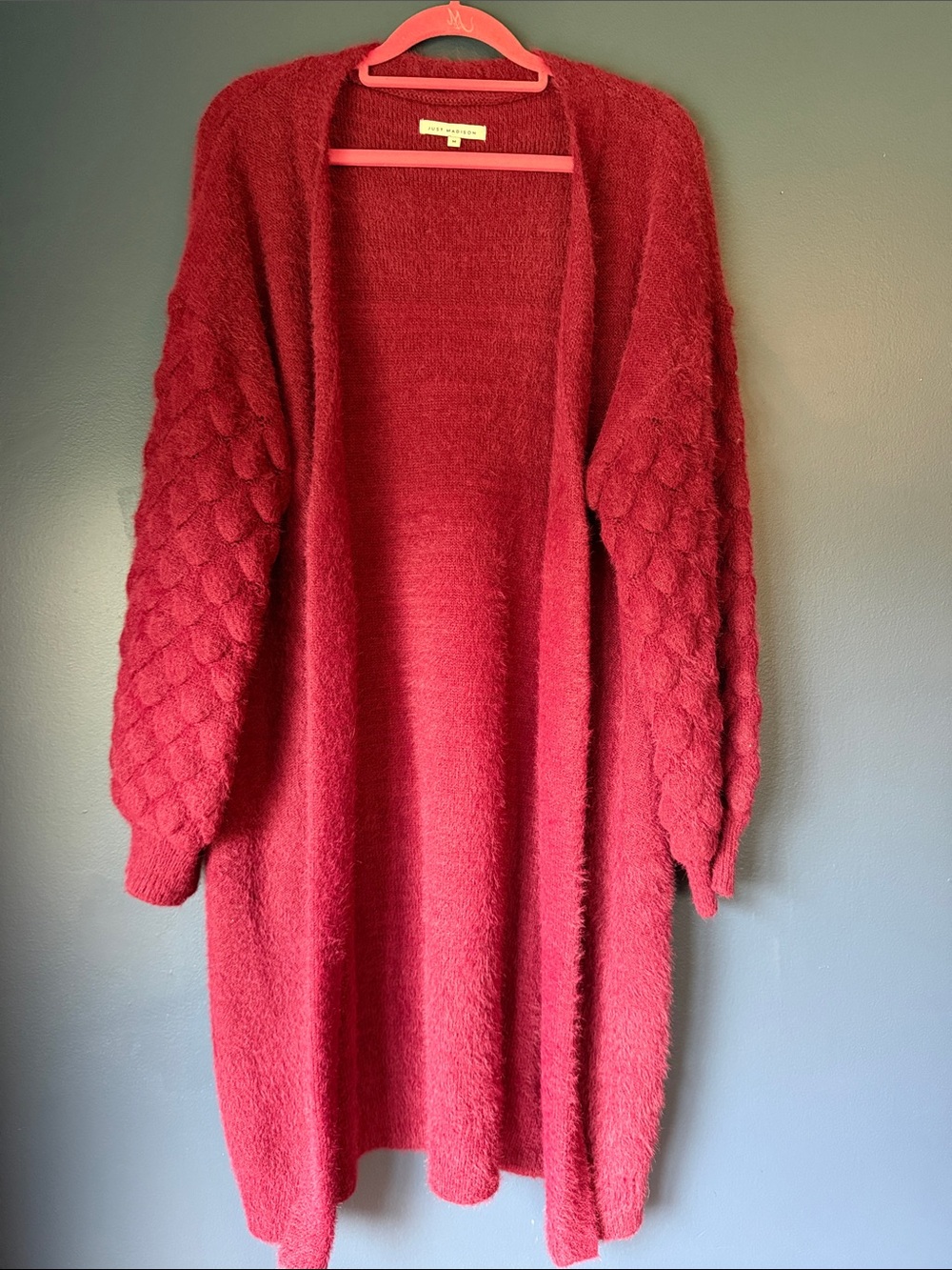 Madison Long Open-Front Wine Red Bubble-Sleeve Cardigan